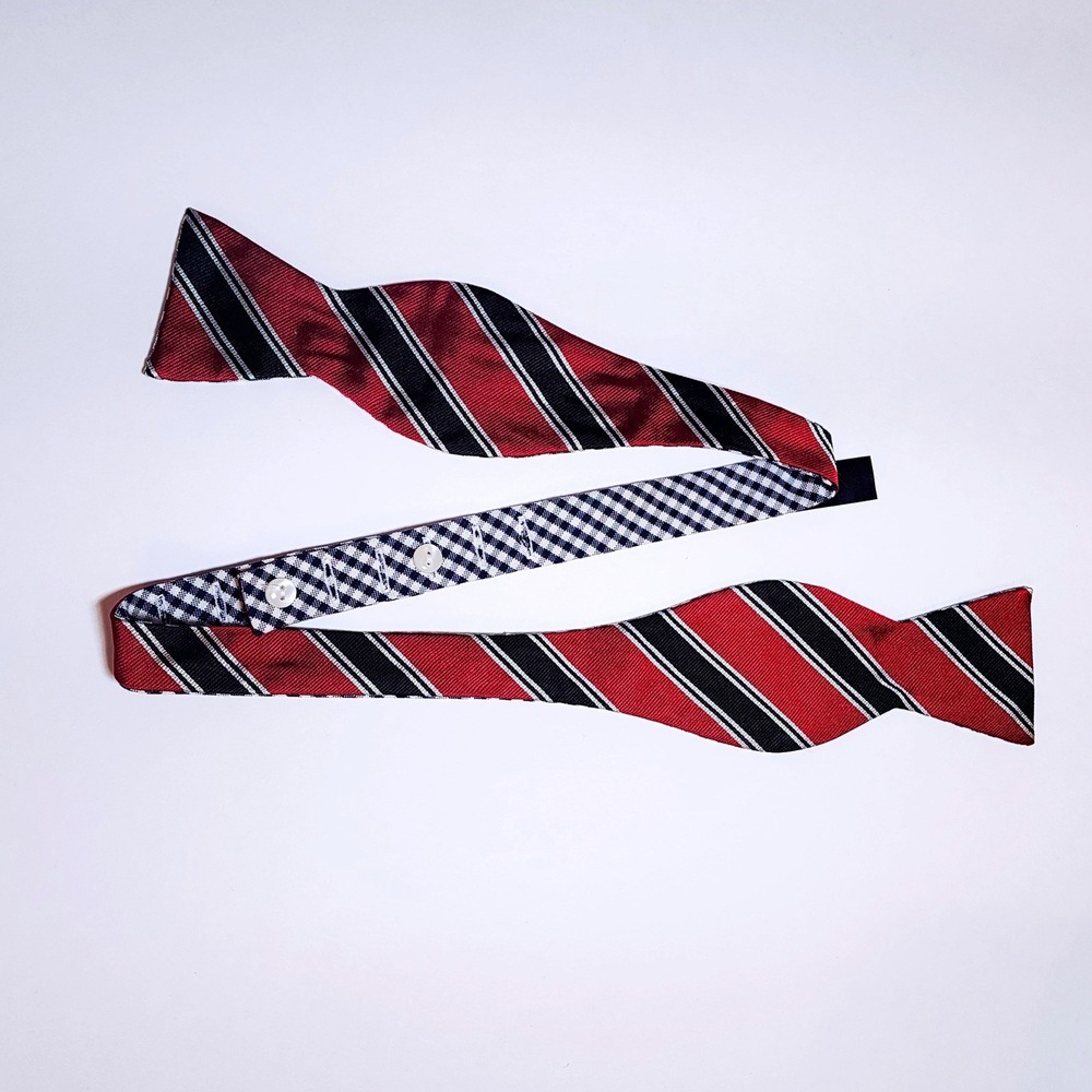 Brooks Brothers Reversible Silk Cotton Bow Tie Navy Check Repp Stripe Adjustable
